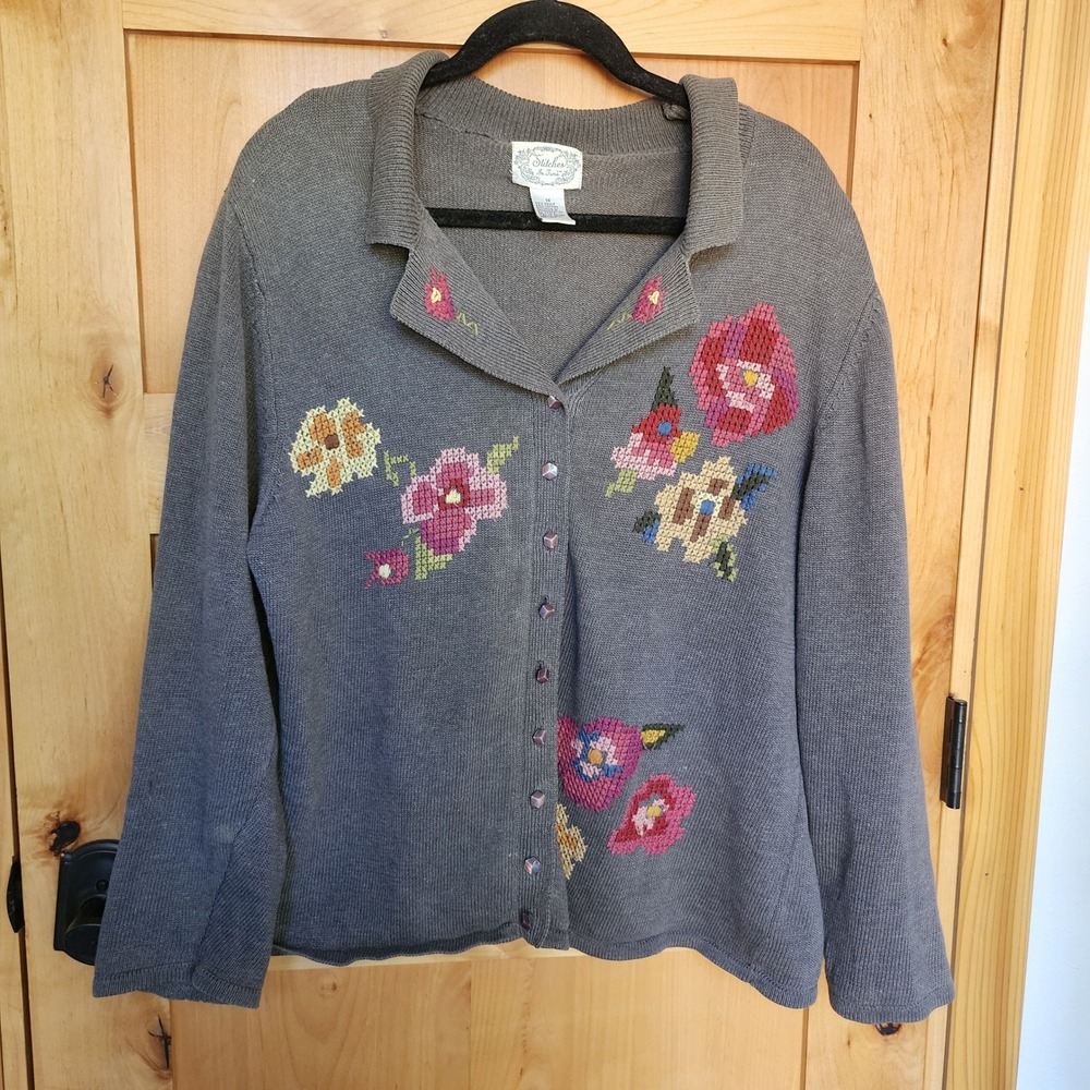 Stitches In Time Sz 1X Gray Ramie Cotton Floral Embroidered Cardigan Sweater